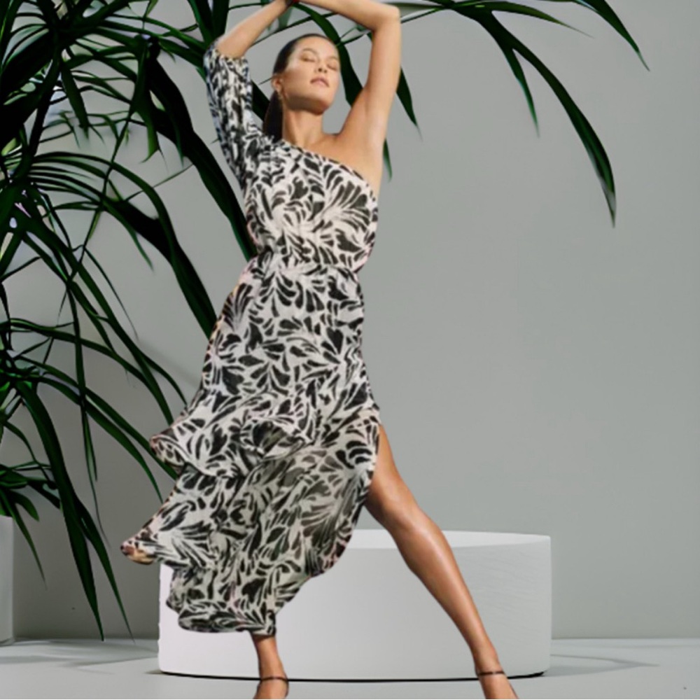 Alexis X Target one shoulder black and off white botanical print dress